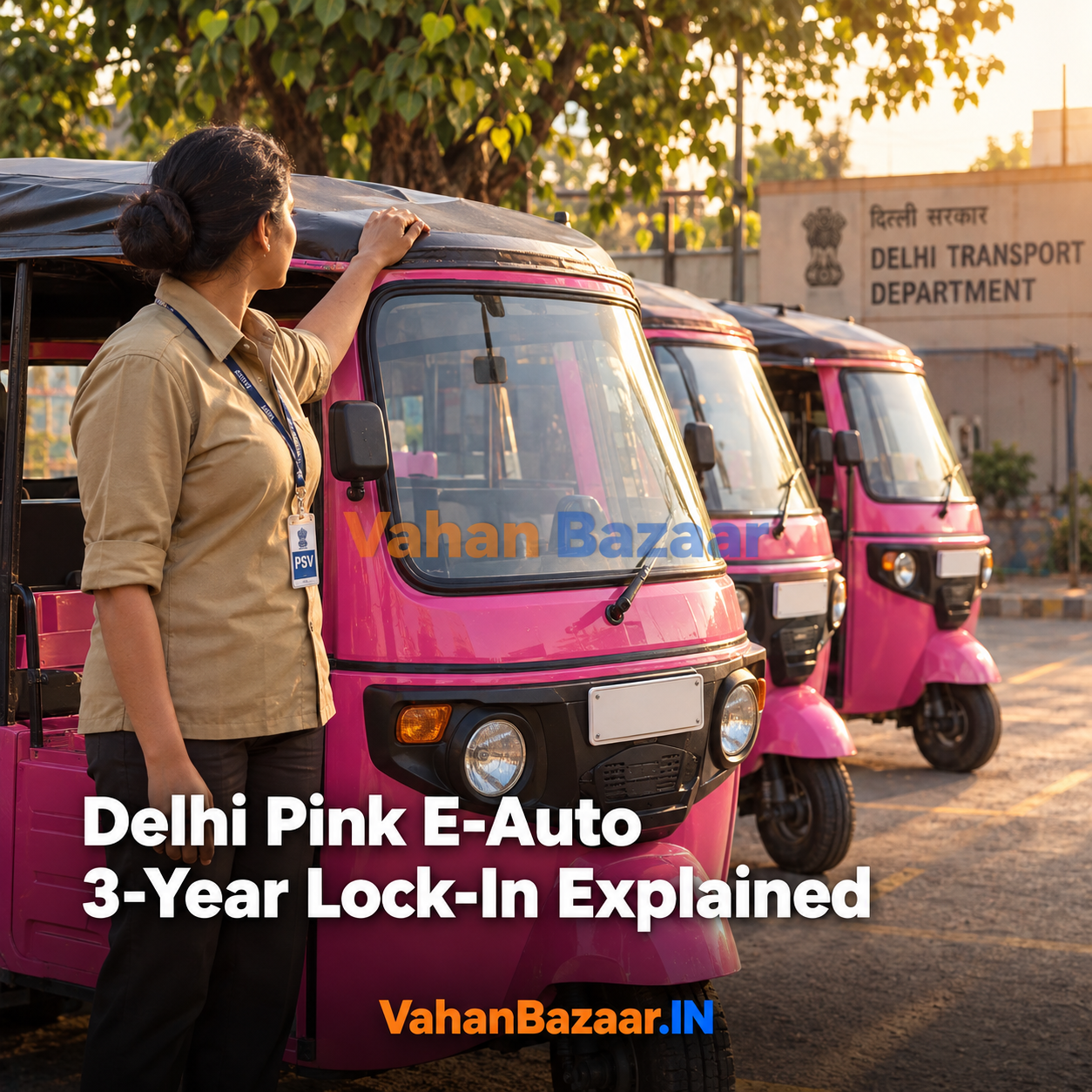 VahanBazaar explainer on Delhi's DURGA pink e-auto scheme, its three-year lock-in on sale and transfer, and the record checks a used e-auto buyer should run before paying