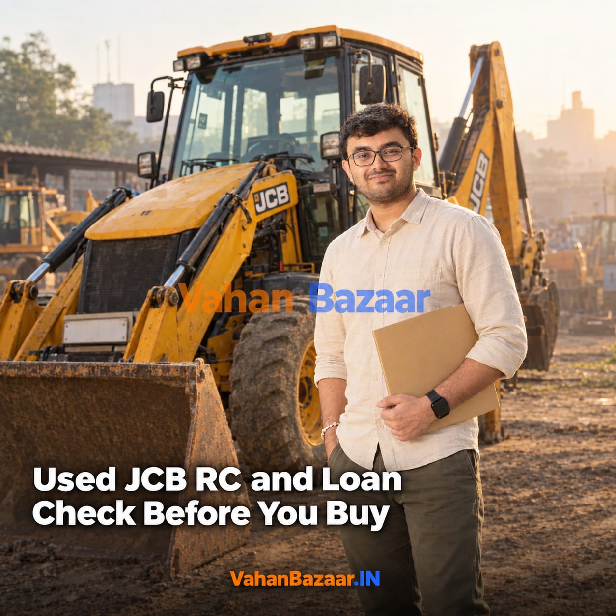 VahanBazaar explainer on checking a used JCB, backhoe loader or excavator against the VAHAN database before buying, covering hypothecation, owner serial number, registration status and the construction equipment vehicle class under the CMVR