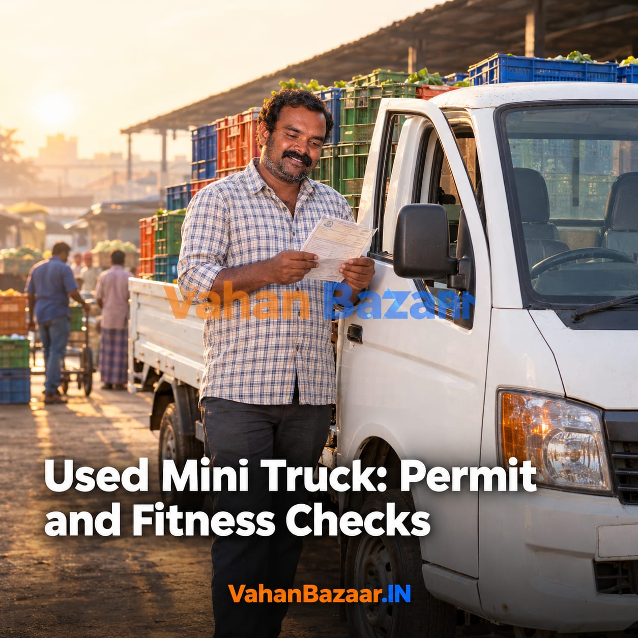 VahanBazaar explainer on checking a used mini truck or small goods carrier before buying, covering permit type, fitness certificate, goods insurance and loan clearance